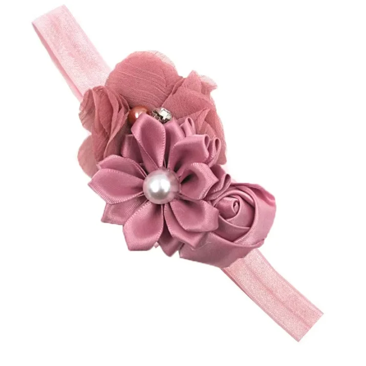 1PCS Handmade Baby Girls Rose Flower Headband Pearl Rhinestone Hairbands Newborn Infant Kids Birthday Gifts Hair Accessories