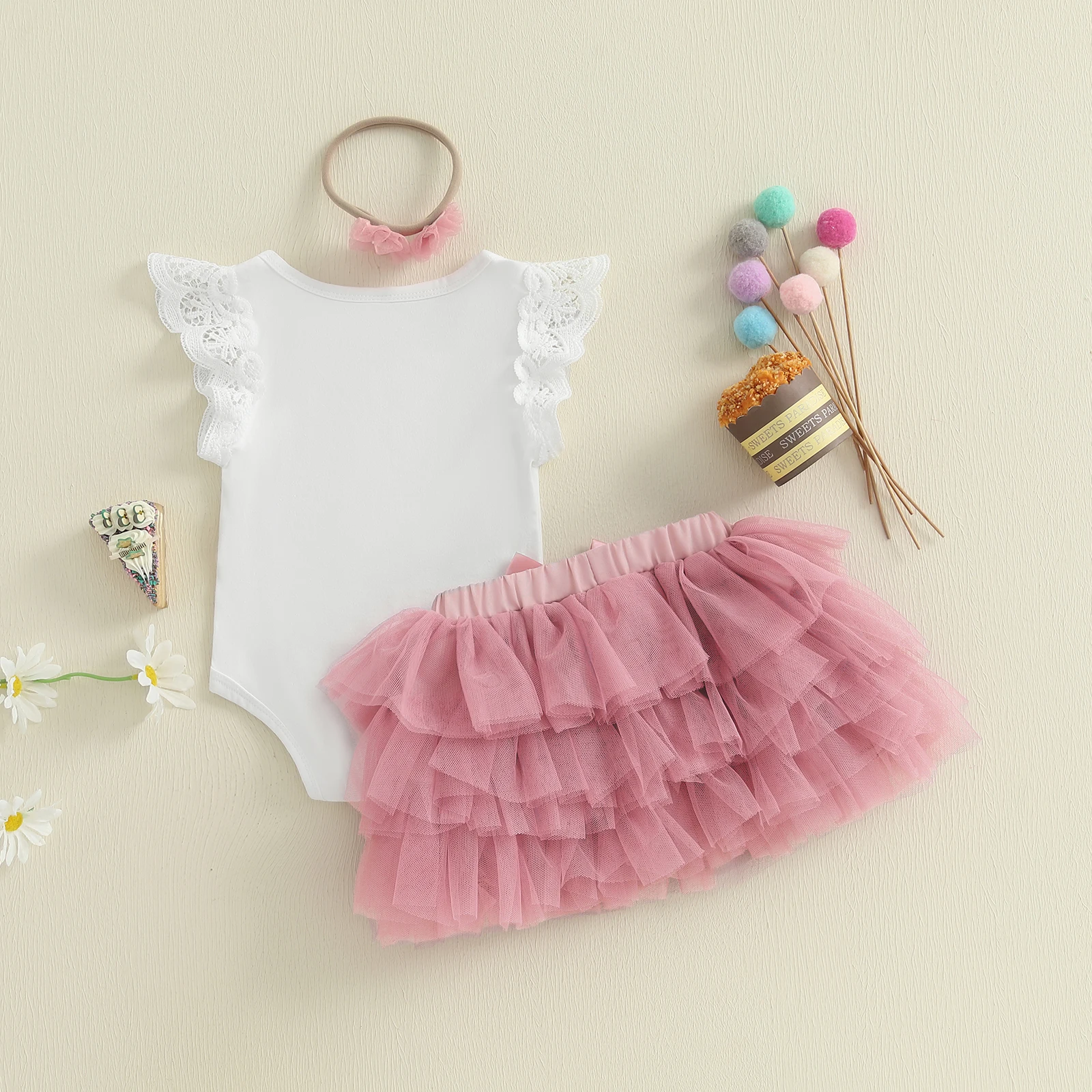 Tregren 6-18M Infant Baby Girl 1st Birthday Outfits Cute Lace Sleeve Letter Print Romper + Bow Tulle Skirt + Headband 3pcs Sets
