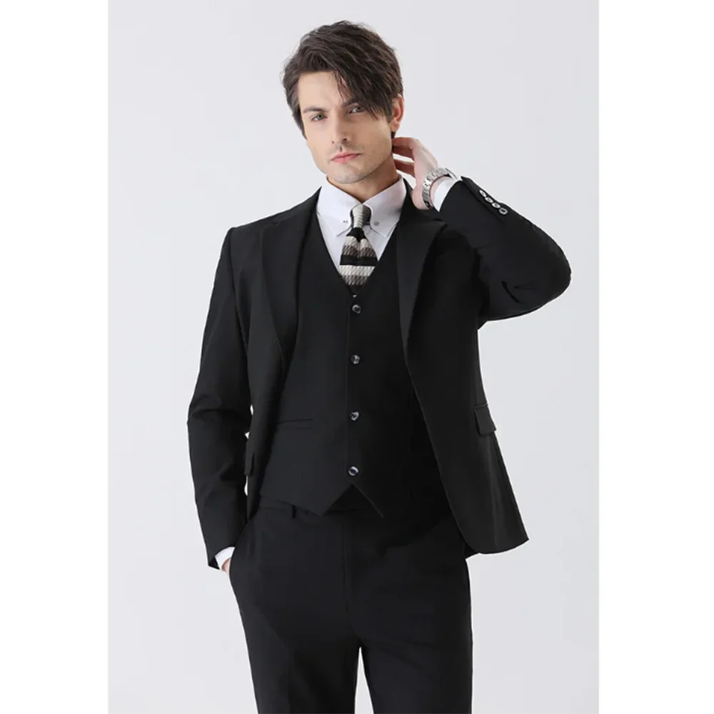 

Classic Basic Color Men Suit 3 Piece Jacket Pants Vest Single Breasted Peak Lapel Slim Fit Business Banquet Terno Masculinos Com