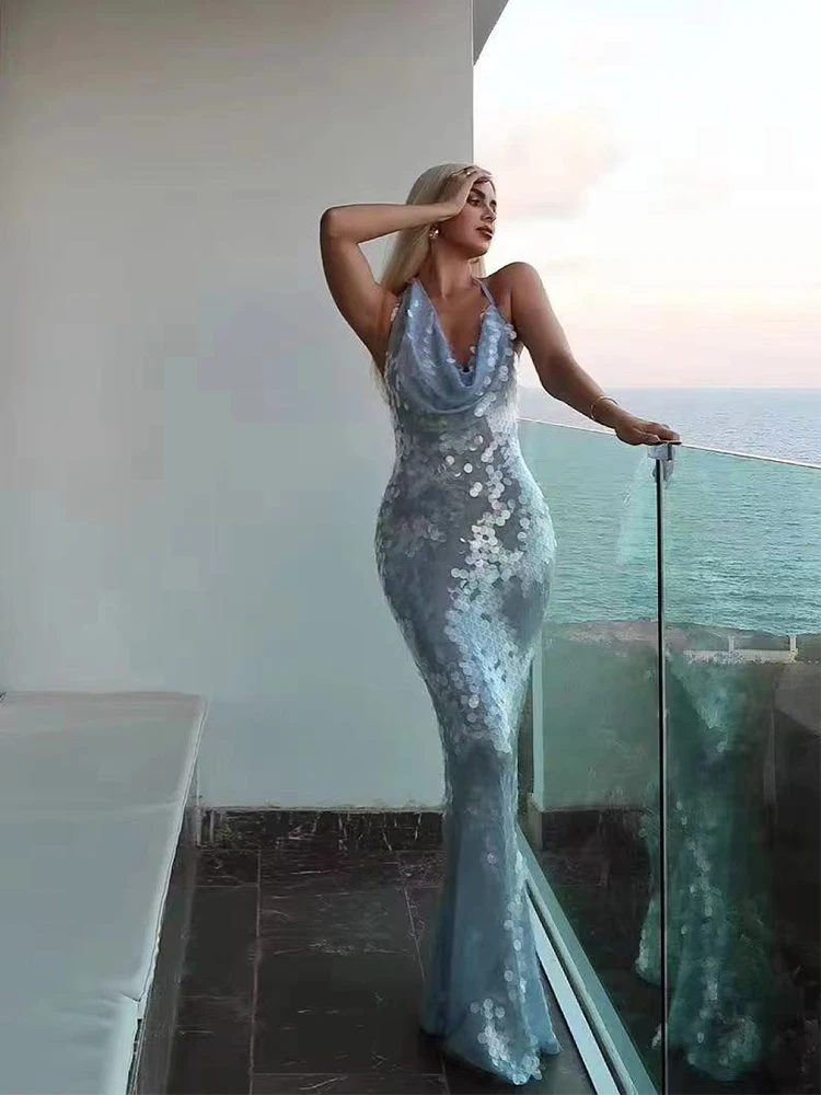 Sexy Sequin Backless Sling Dress Women's Shiny V Neck Sleeveless Blue Long Dress Evening Party Gown Vestidos Holiday Vacation