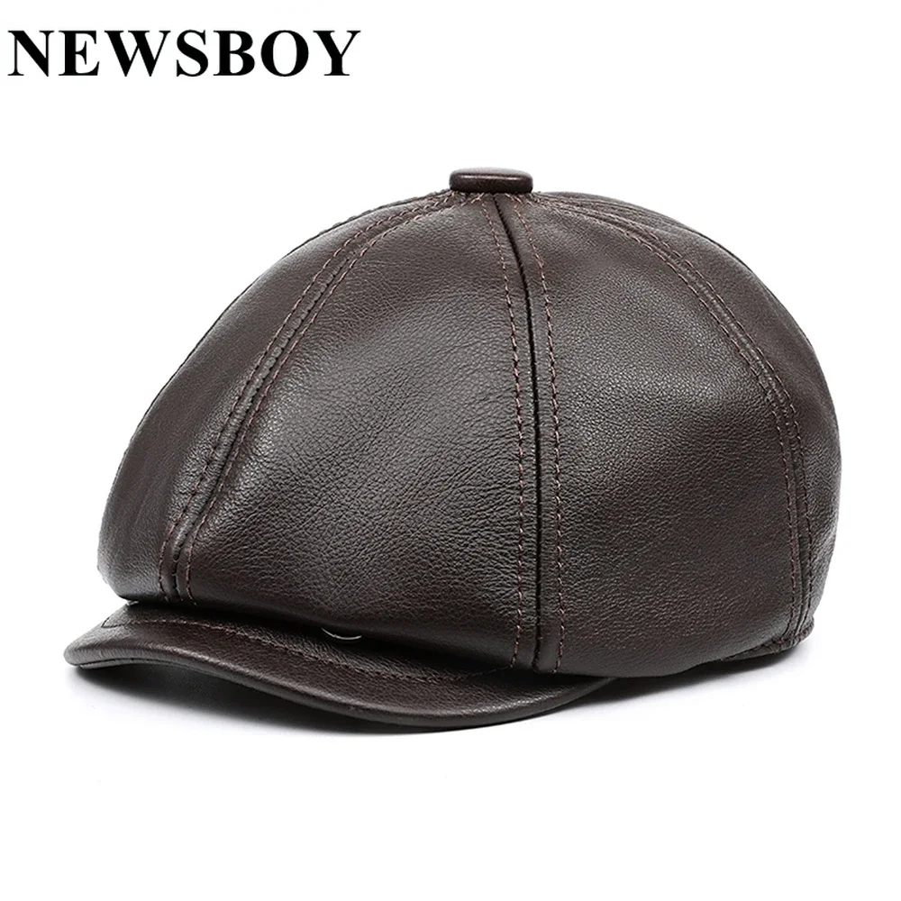 NEWSBOY Cap Men Real Leather Mens Beret Coffee Genuine Cowskin Leather Flat Caps Vintage Autumn Winter Male Octagonal Hat