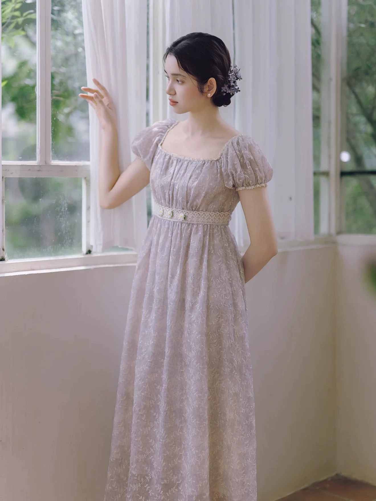 84-96 センチメートルバスト夏の女性のフレンチスタイルスクエアネック優しい女の子エーテルティードレスエンパイアウエスト高品質サテンドレス