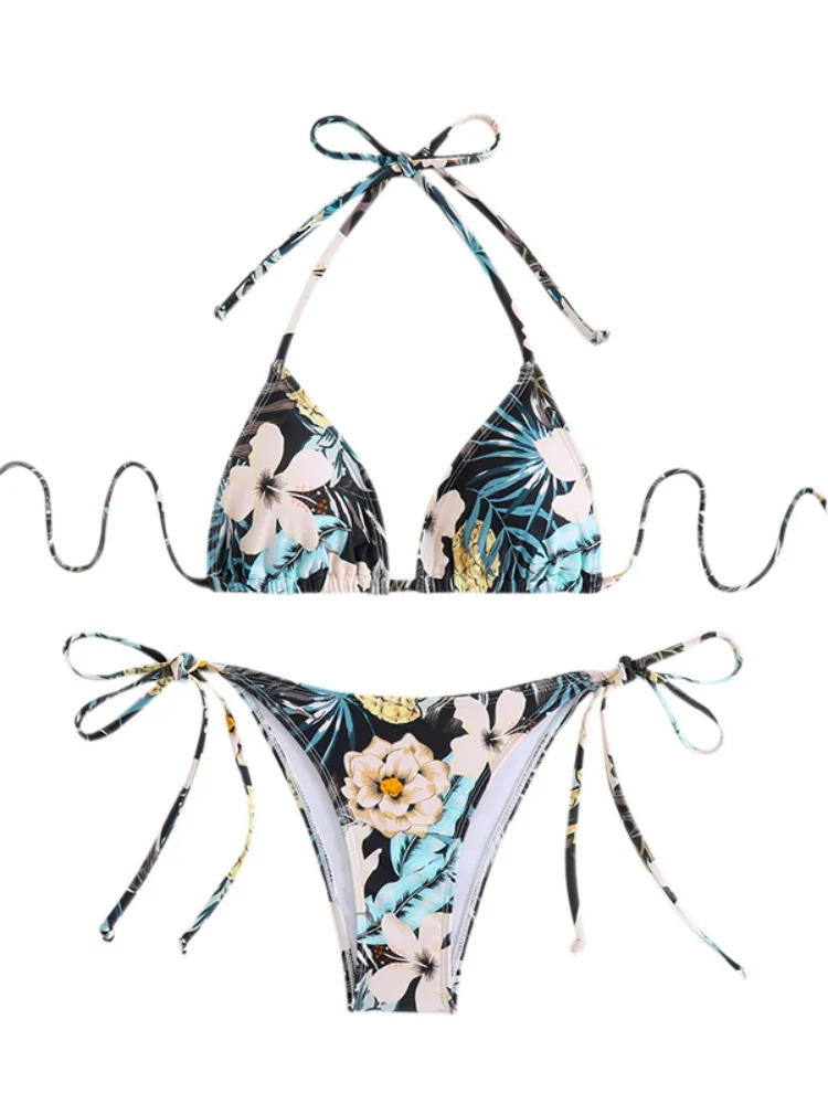 Bikini Vrouwen Badpak 2023 Nieuwe Bloemenprint Halter Bikini Set Sexy Lace Up Badmode Zomer Tweedelige Strand Badpak Vrouwelijke