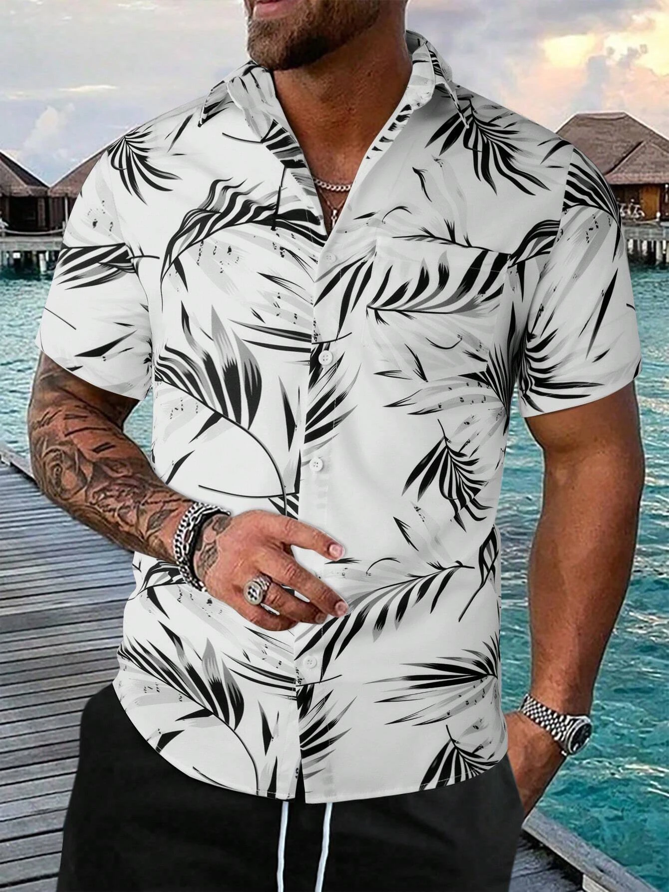 Hawaiian palm tree 3D printed men's shirt, casual and fashionable short sleeved shirt, lapel button top large unisex clothing