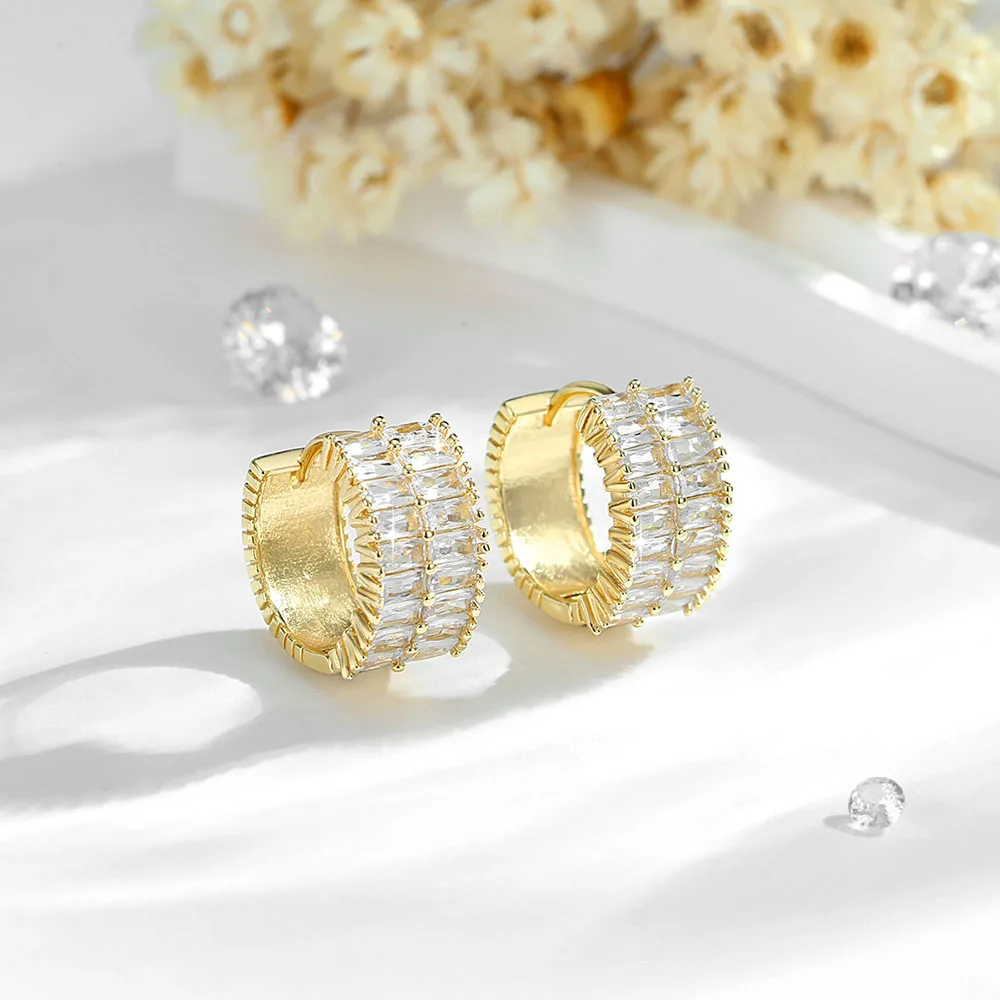 Double row diamond earrings with rectangular zircon earrings for women, fashionable and versatile design 14K jewelry image 2
