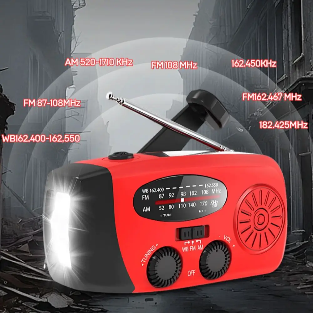 Portable Solar FM Radio Mobile Phone Charging USB Charging AM/FM Weather Radio 2000mAh Red Hand-crank Generator Power Bank