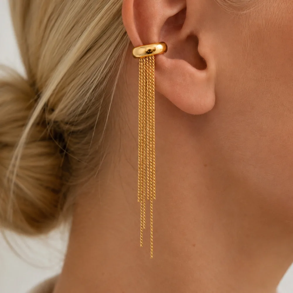 

PuRui Unique Stainless Steel Long Tassel Clips Earrings for Women Personalized 18K Gold Plated Ear Cuff Non Piercing Earrings