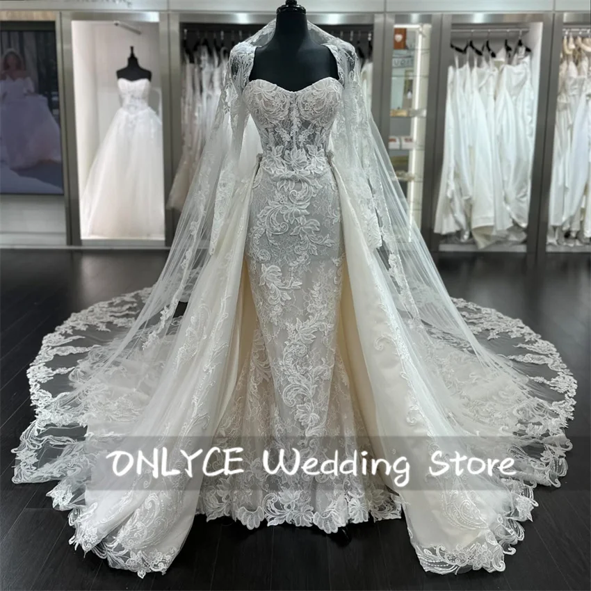 

Luxury Mermaid Wedding Dresses 2024 Lace Appliques Long Sleeves African Bridal Gown Detachable Train With Veil Customized