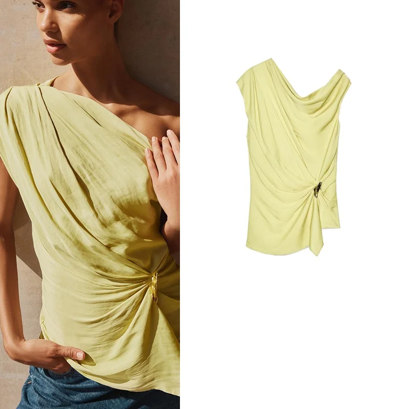 

New Summer Women's Asymmetrical Collar Svel Silk Satin Folded Decoration Top Casual Slim Fit Polyester Fiber UV Protection
