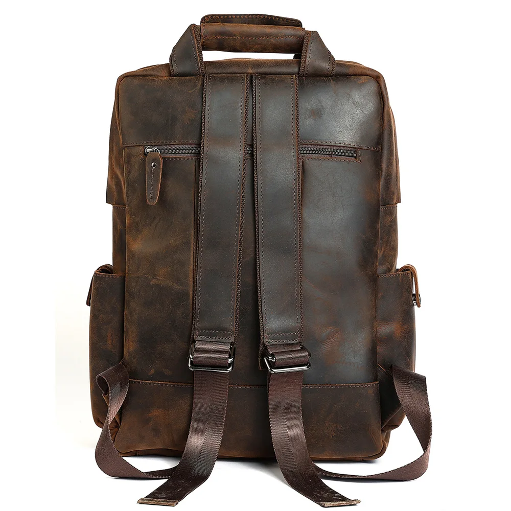 Crazy Horse Leather Men\'s Backpack 15.6 Inch Laptop Shoulder Bag Male Large Capacity Outdoor Travel Backpacks Retro School Bags