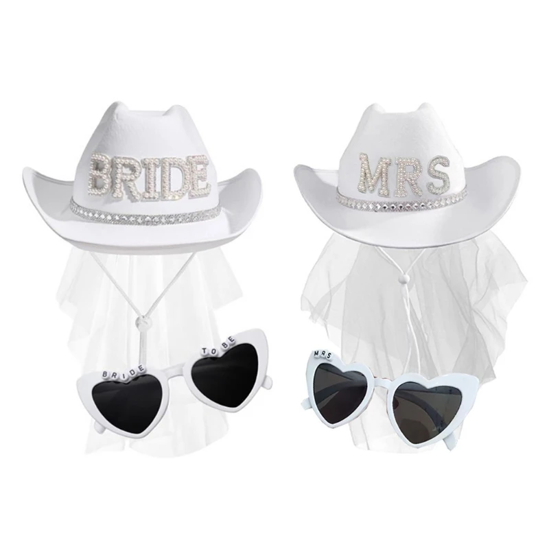 

MXMB BrideToBe Cowboy Hat Sungalsses Costume Set for Wedding Western Wide Brim Hat Eyewear Adult Costume Accessories 2pcs