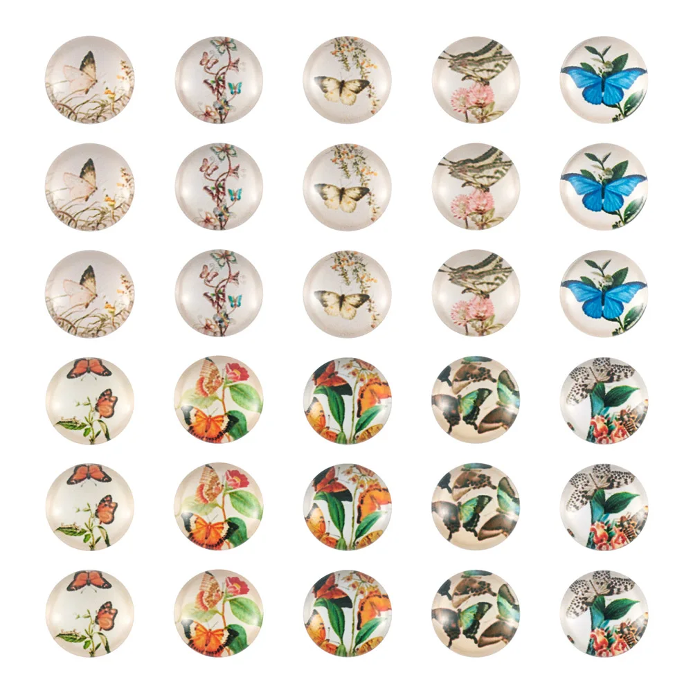 50Pcs Mixed Butterfly Pattern 12mm Half Round Flat Back Glass Cabochon Demo for DIY Jewelry Making Findings