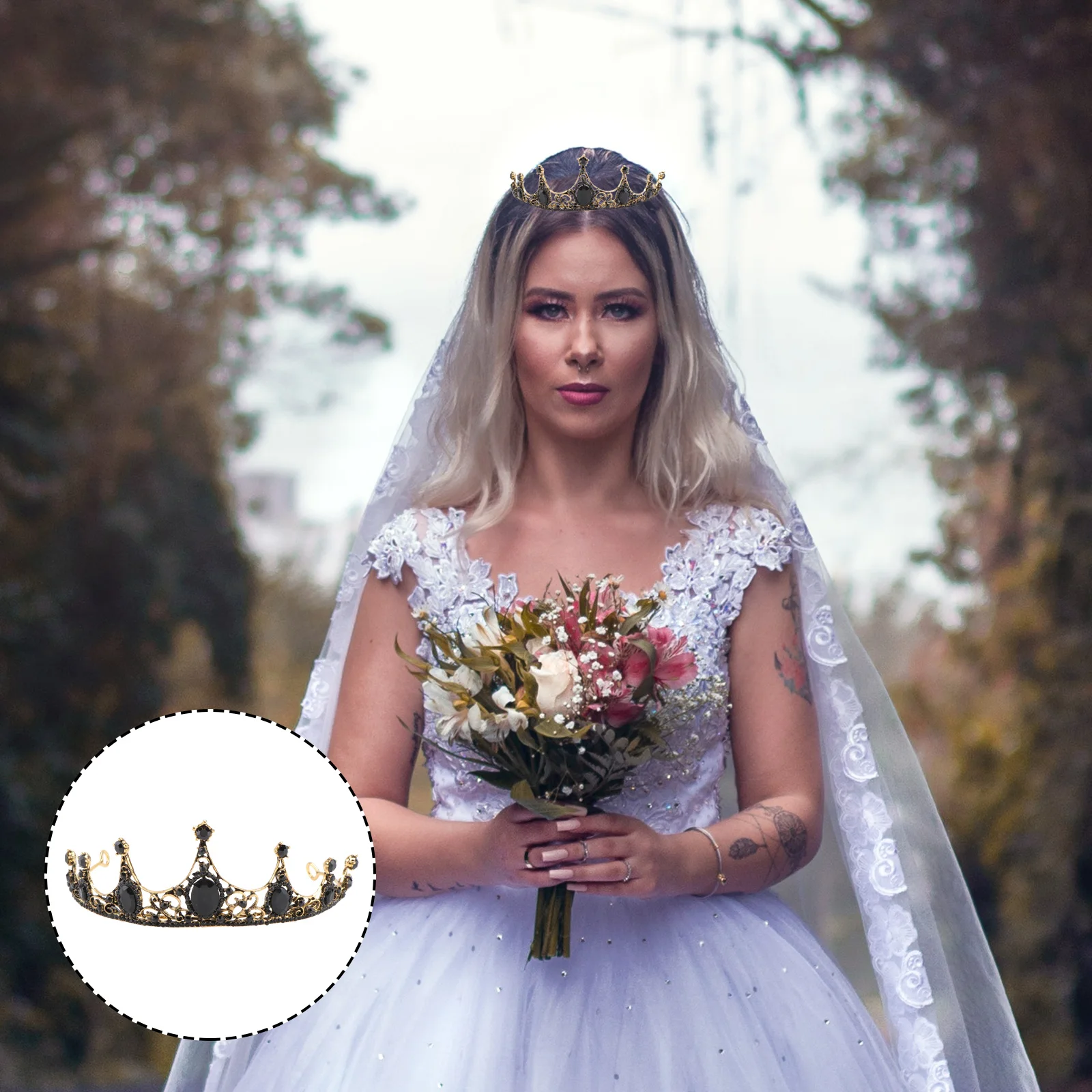

Black Gothic Bridal Crown Crystal Tiara Rhinestone Decor Women Wedding Party Hair Accessories Alloy Girl Child