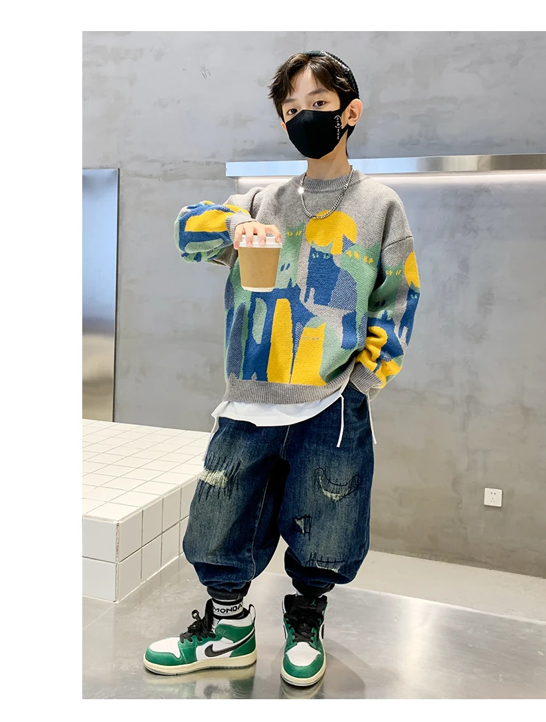 Herbst-Winter Jungen Pullover Sweater für Teenager 5-14 Jahre Cartoon-Katzenmuster Strickwaren Kleidung Kinder Schule Langarm Weicher Pullover – Detail 3