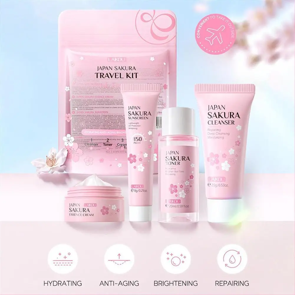 Zestawy i zestawy do pielęgnacji skóry Sakura z płynem do mycia, serum, kremem pod oczy, kremem z esencją Produkty kosmetyczne dla kobiet Zestawy upominkowe Rutynowy zestaw podróżny