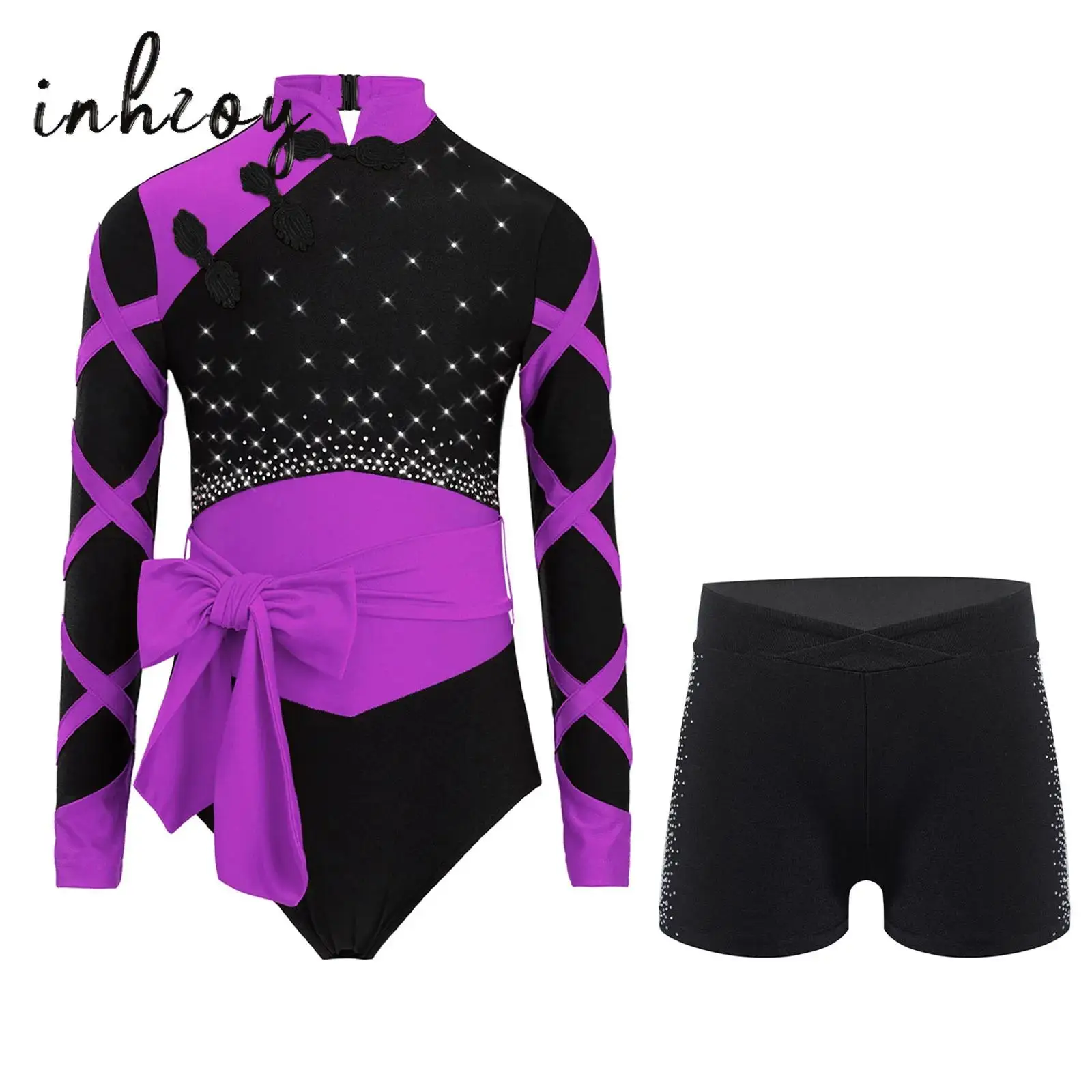 

Girls Gymnastics Figure Skating Outfit Chinese Style Knot Button Mandarin Collar Long Sleeve Color Block Leotard+Belt+Shorts