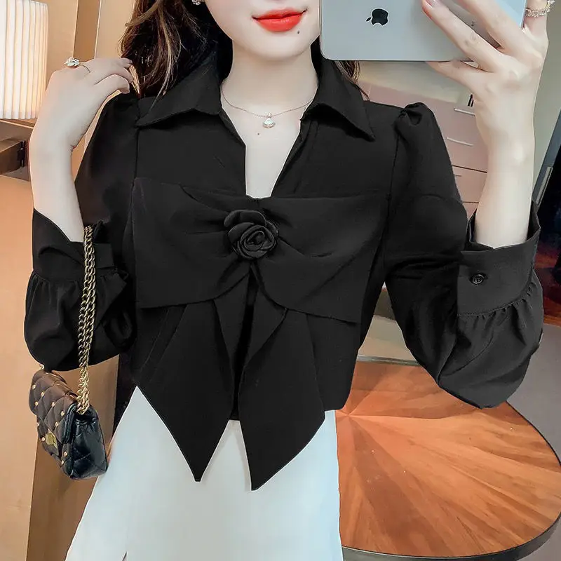 Bow Patchwork Polo Neck Long Sleeve Blouse Spring Autumn New Solid Temperament Korean Shirt Tops Sweet Fashion Women Clothing