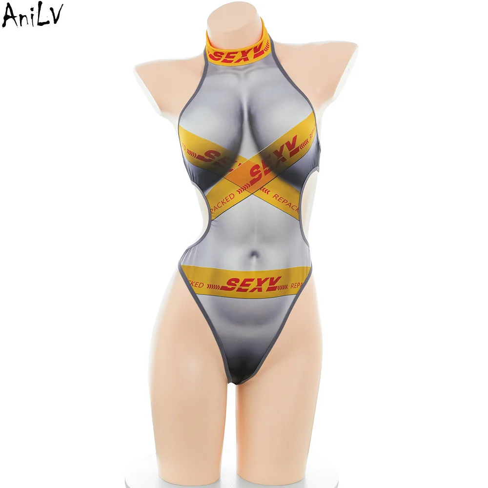 

AniLV Yellow Tape Tie Up Bind Printing Bodysuit Uniform Tight Jumpsuit Outfits Cosplay Costume