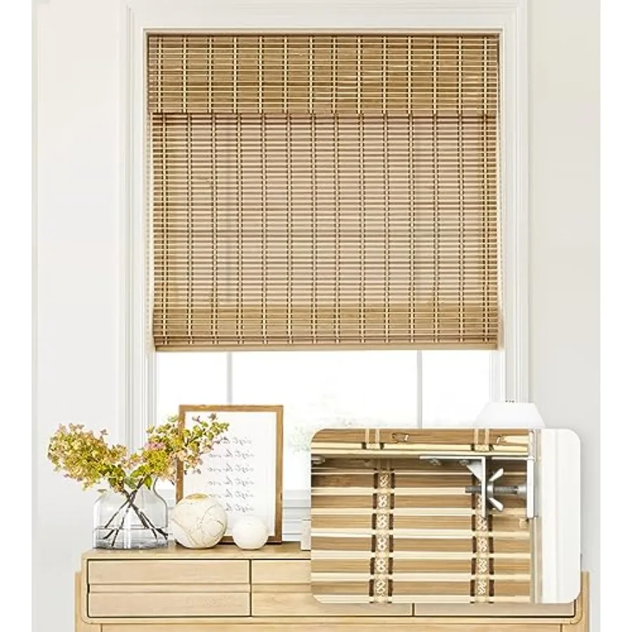 

No Tools No Drill Cordless Bamboo Roman Shades, Light Filtering Window Treatment, Roll Up Bamboo Blinds for Windows 30'' W x 64