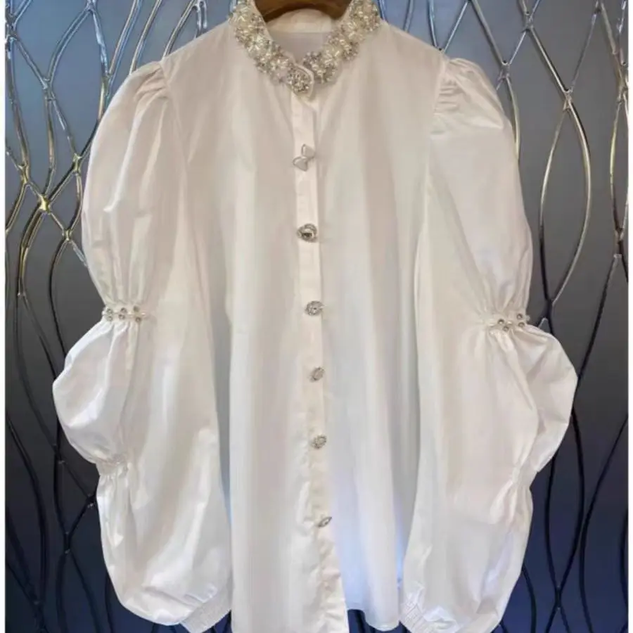 

2025 Spring Exquisite Rhinestone Embroidery Cotton White Black Shirts Blouses for Women Long Sleeve Loose Casual Sweet Chic Tops