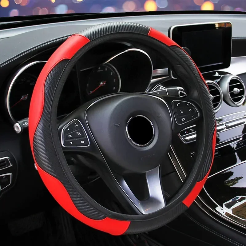 Car 37-38.5cm Steering Wheel Cover Breathable Anti Slip PU Leather Steering Covers Suitable Auto Decoration Carbon Fiber