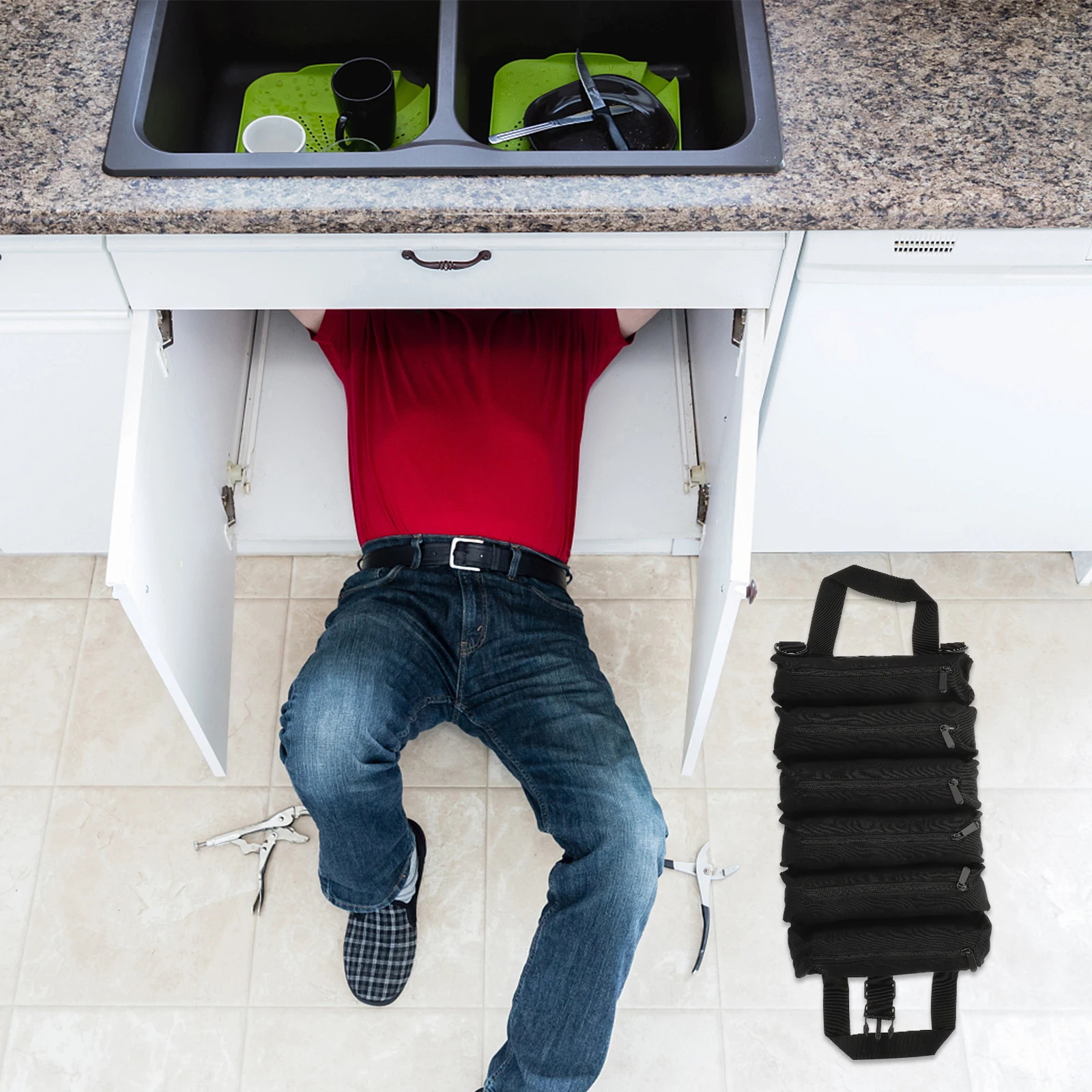 

Tool Roll Canvas Bag 6 Zipper Pockets Heavy Duty Organizer Compact Portable for Auto Storage Canvas Pouch Organizer