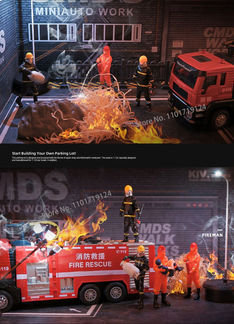 1/32 Diorama Miniature Fireman Firefighter Figure Model Car Garage Figurine Display Model City Street View Scene Display Prop