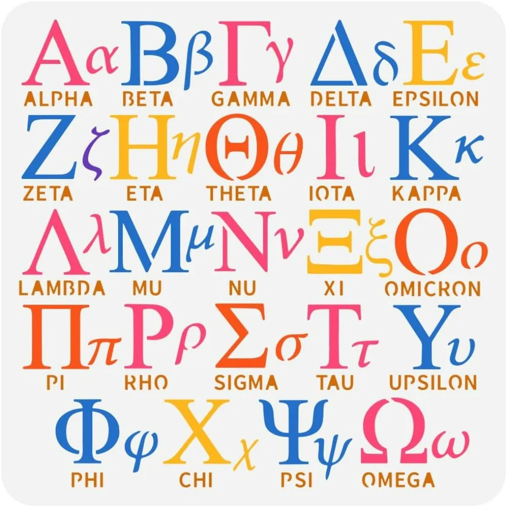 Greek Text Painting Stencil 11.8x11.8 inch Reusable Greek Letter Pattern Drawing Template Alpha Beta Gamma Delta Phi Sigma Decor