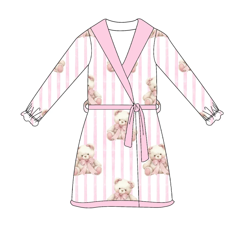 New Boutique Children Set Short-Sleeved Elastic Bow Vertical Pattern Print Pants Elastic Girl Pajamas Set Baby Robe Blanket