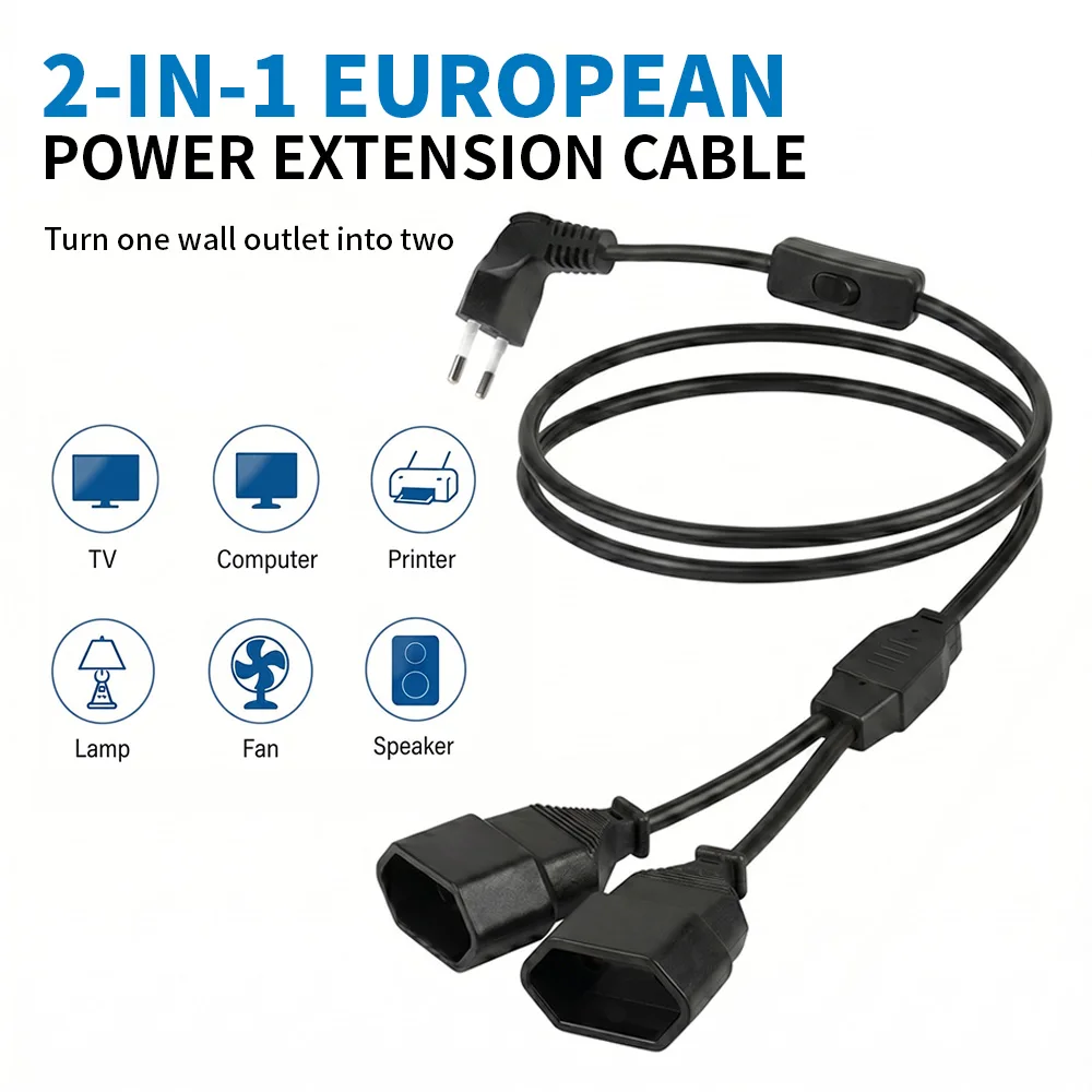CILIA EU LED Switching Power Cord Socket, Lighting Extension Line, 2P, 48mm, 1M Electric Cable with Switch, 10A for Home