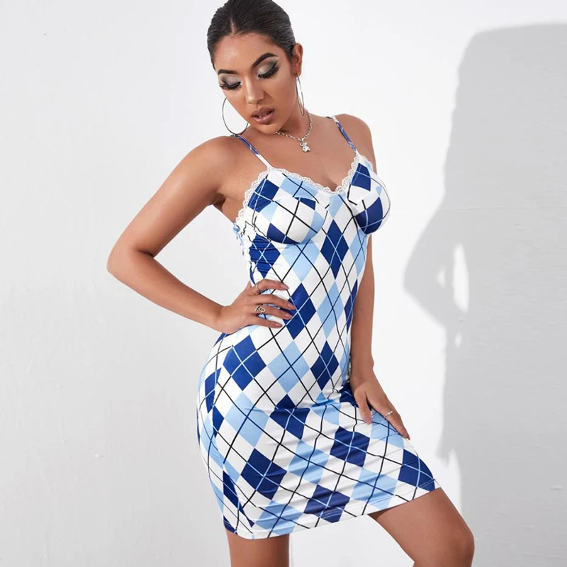 

New Design Women Strap Mini Dresses Sexy Backless Blue Plaid Bodycon Slim Short Dress High Waist V-neck Lace Knitted Vestidos