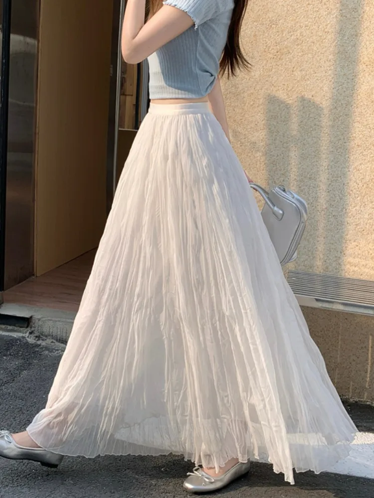 Yellow Sweet Fairy A-Line  Skirt Spring Summer Pleated Slimming Mesh Long Skirt Women's Citywalk Folded Hemline Midi Skirt