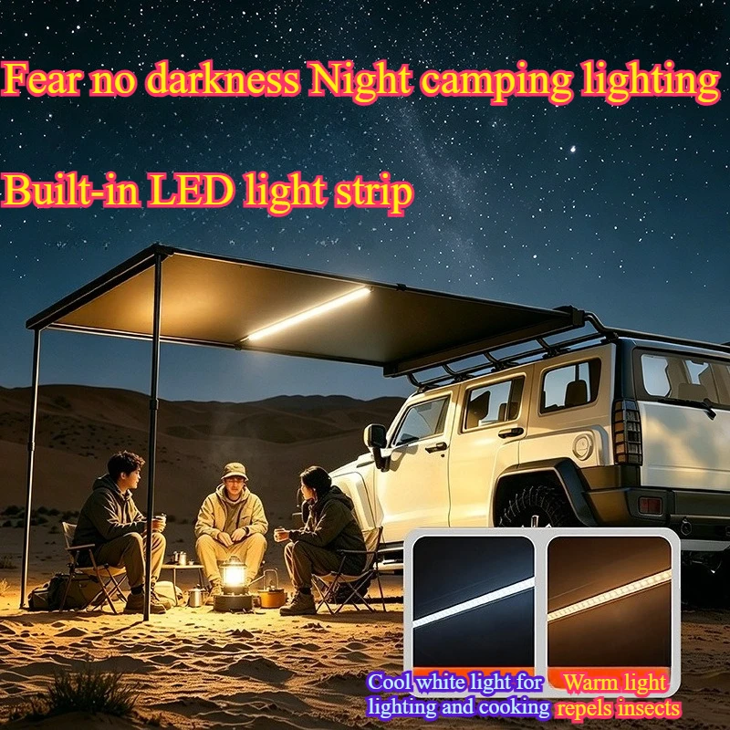 

Car Side Awning With LED Light Aluminum Alloy Vinyl Waterproof UPF50+ Sun Rain Protection Night Light Easy Install Toldo Lateral