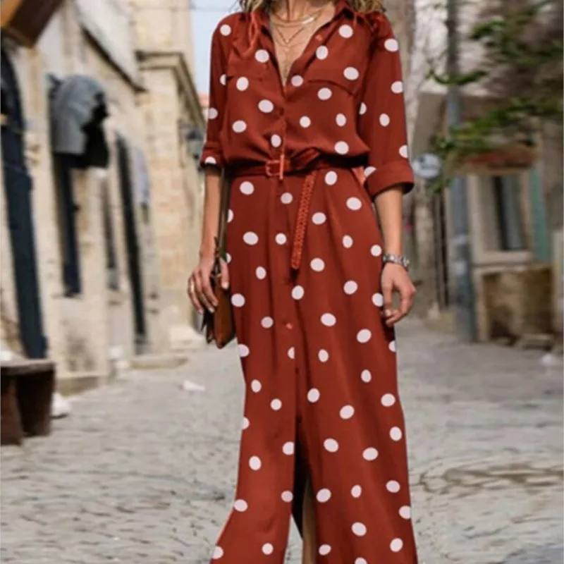 2024 Autumn New Dress Women's Fashion Polka Dot V-neck Printed Shirt Long-sleeved Single-breasted Loose Dress (belt Not Included