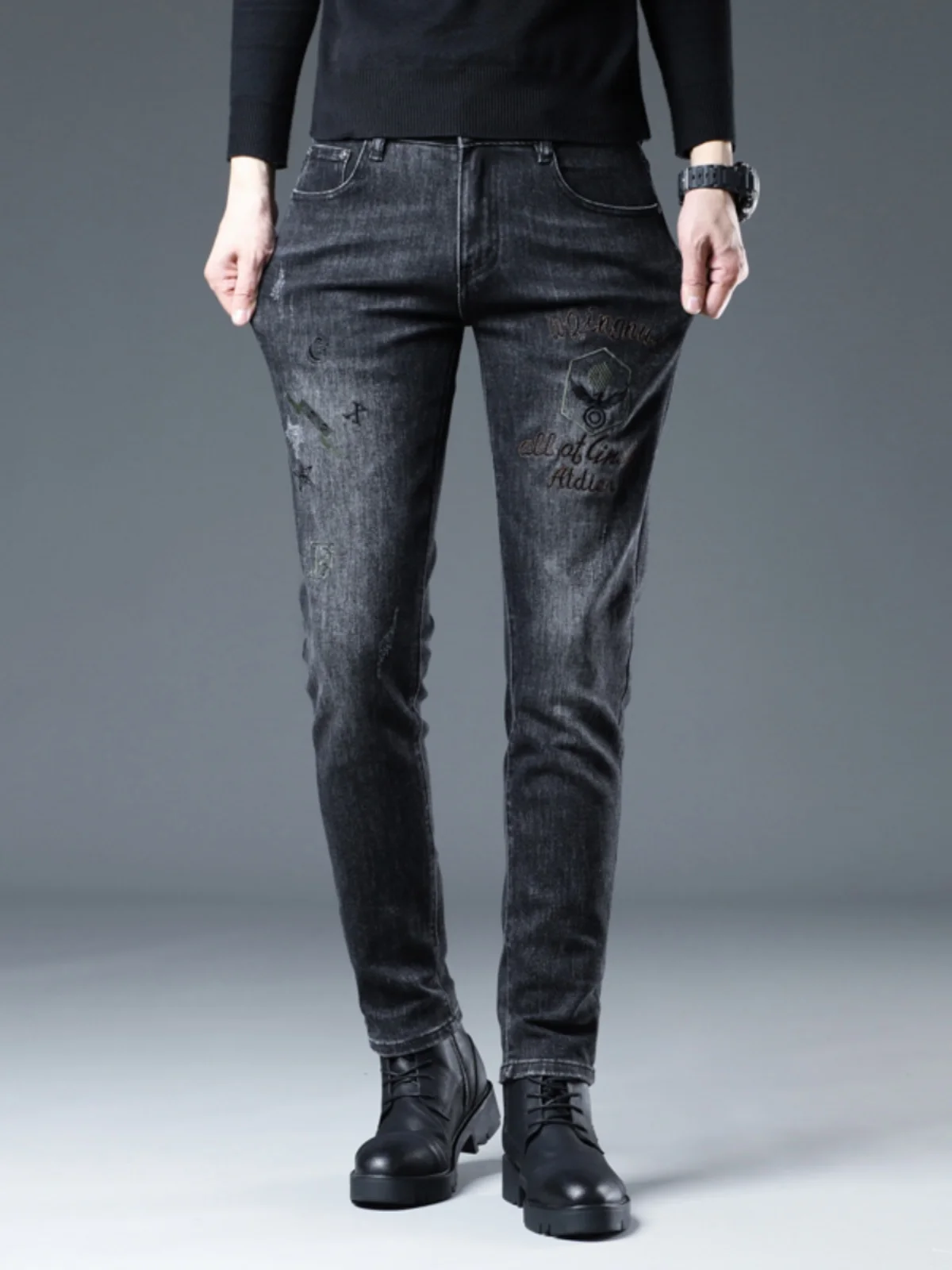 

Hong Kong High-End Embroidered Jeans Men's Autumn Winter Trendy Brand Print Casual Versatile Elastic Slim Fit Long Pants