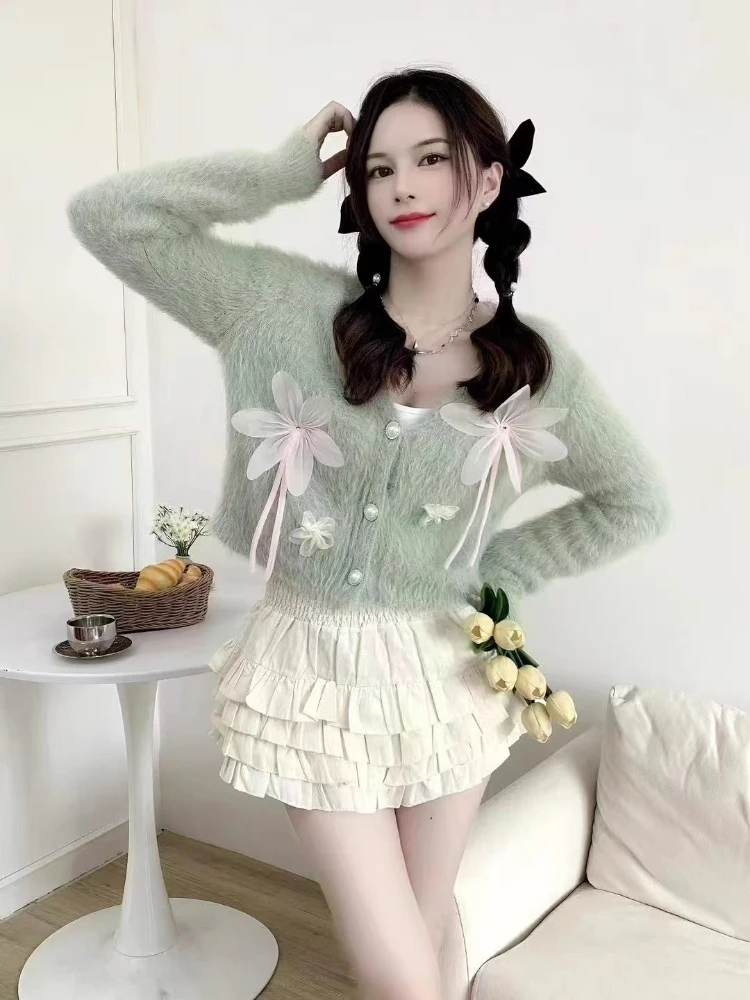 ​Chic Bowknot 3D Floral Knitted Cardigan 2025 New Autumn Winter Vintage Faux Raccoon Fur Short Sweater Coat Top Sweet​