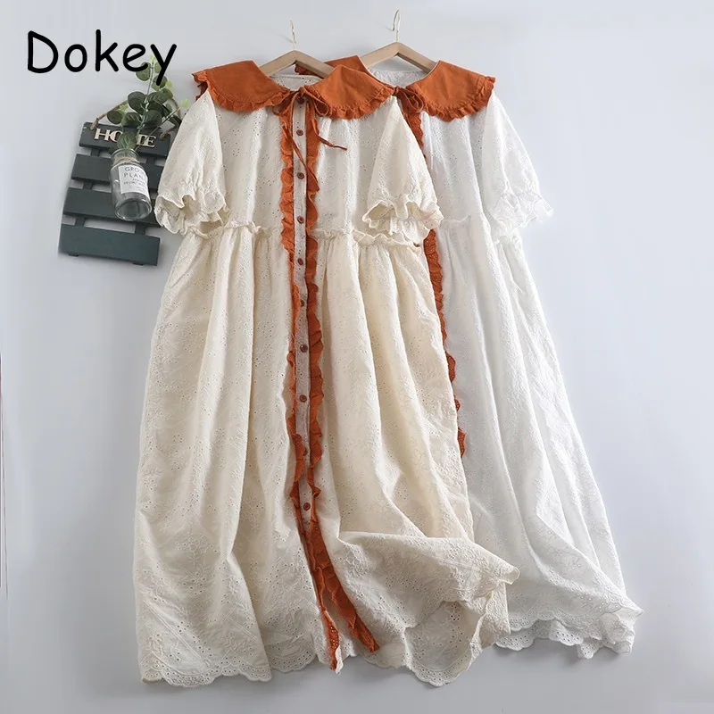 Vintage Embroidery Hollow Out White Dress Women Japanese Ruffles Peter Pan Collar Lace-up Loose Patchwork Dress Summer Vestidos