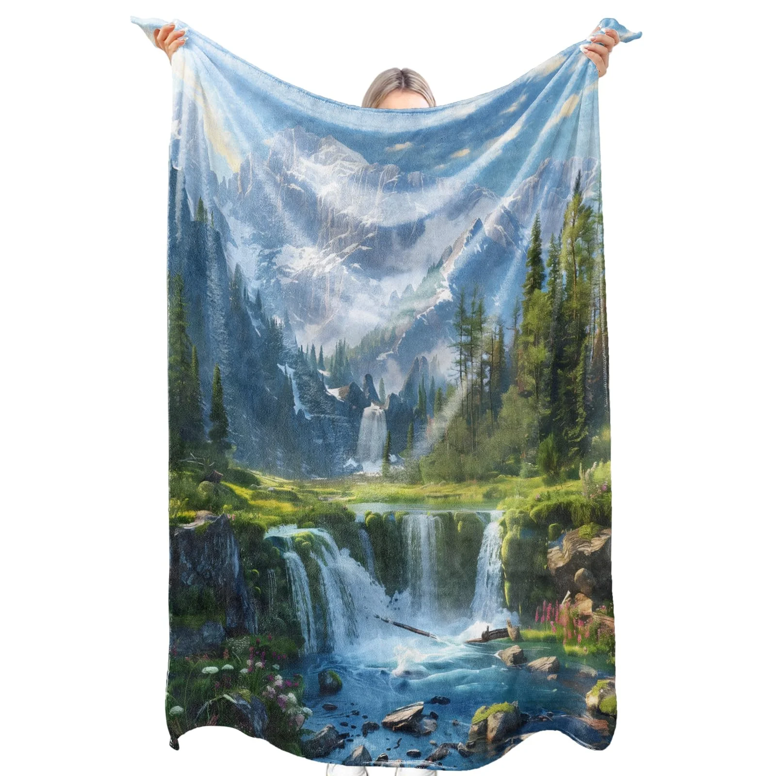 

VIKAMA Nature Landscape Blanket, Mountain Waterfall Forest Scenery Print Soft Blanket for Living Room Bedroom Decor
