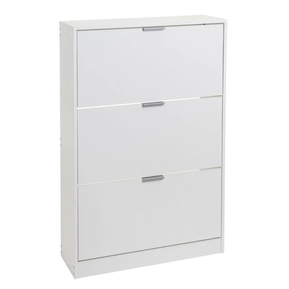 Zapatero cerrado con 3 puertas en madera laminada blanca, 74 x 24 x 119 cm, capacidad para 18 pares. Manijas Metálicas, Personalizadas