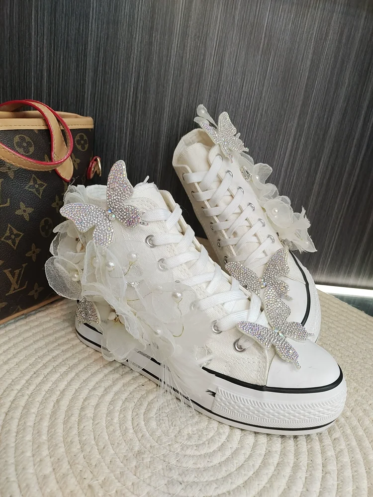 Women Sneakers Wedding Bride White Dress Lace Flats Canvas Fashion Shoes Silk Strap Special Personal Design Lovely Lady