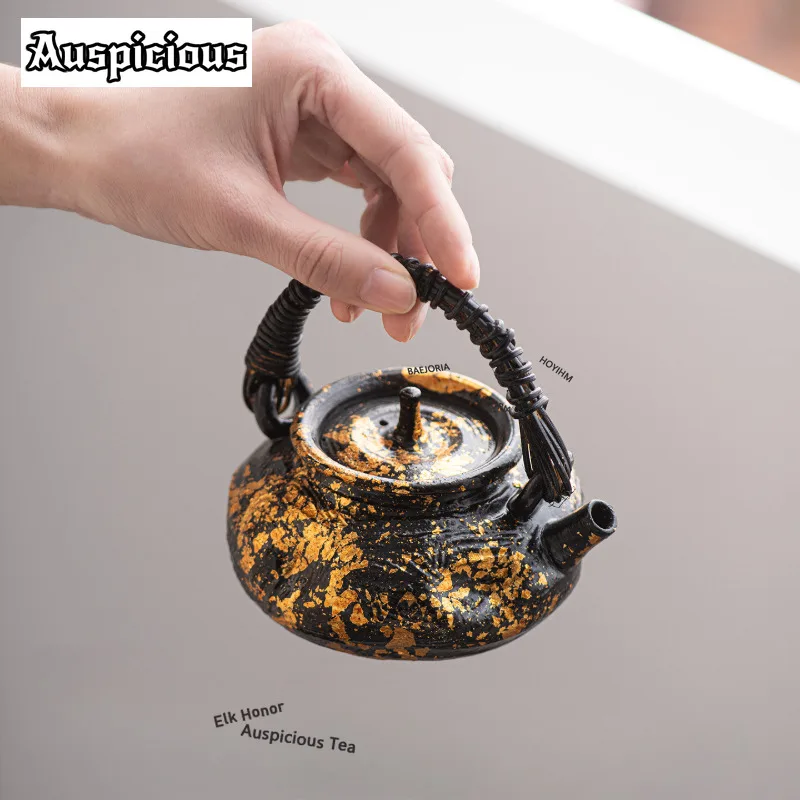 ZAEYORIA 260ml Handmade Lacquer Gold Foil Teapot Elegant Tea Infuser Pot Tea Making Kettle With Strainer Teaset Decoration Gifts