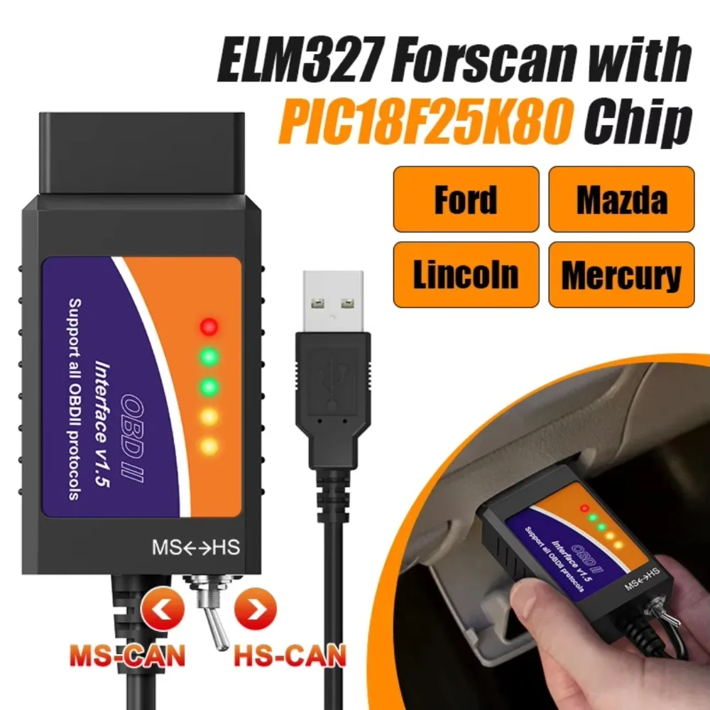 FORscan ELM 327 OBD2 Diagnostic Scanner USB V1.5 HS/MS CAN Switch For Ford Vehicles Code Reader