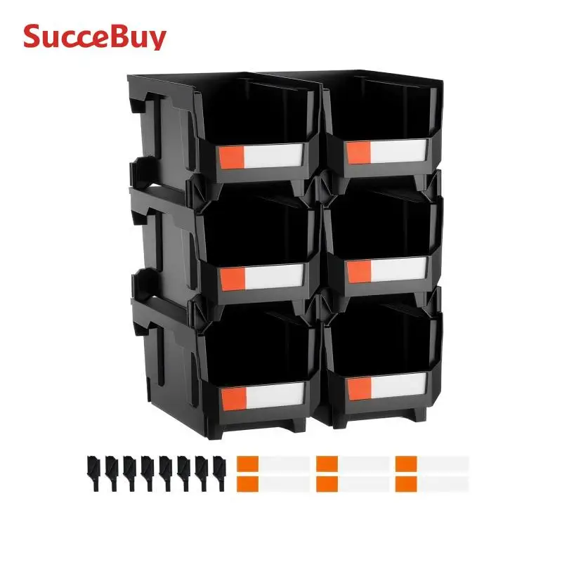 

SucceBuy, 6 упаковок, пластиковые штабелируемые коробки, контейнеры для хранения, прозрачные/черные контейнеры для мелких деталей для организации аксессуаров в шкафу