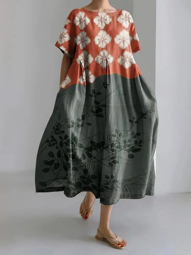 2025 Nieuwe vrouwen Ronde Hals Lange Casual Jurk Zomer Grote Maat Verse Vis Print Jurk Straat Vakantie Korte mouwen Jurk T4B7