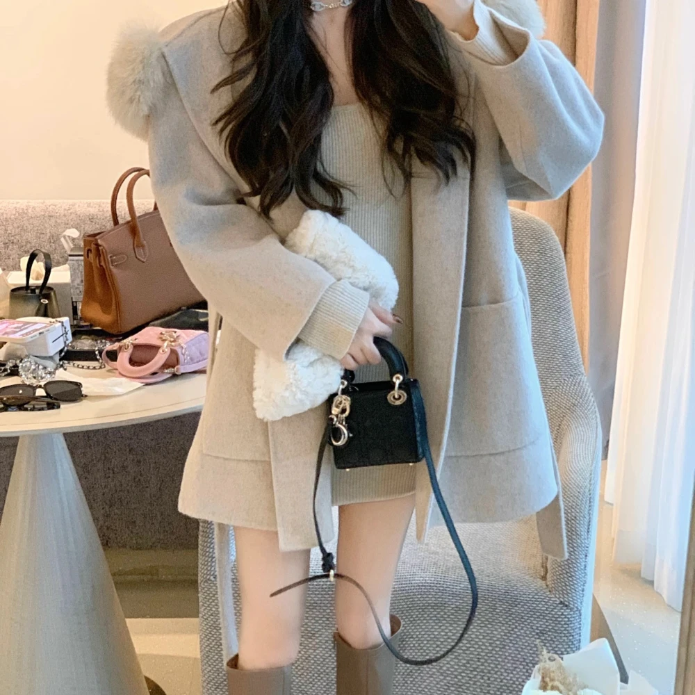 New Oversize Ladies Outerwear 2023 Imitation fox hair Coat Winter Jacket Women  Fox Fur Collar Cuffs Hood Cashmere Wool Woolen