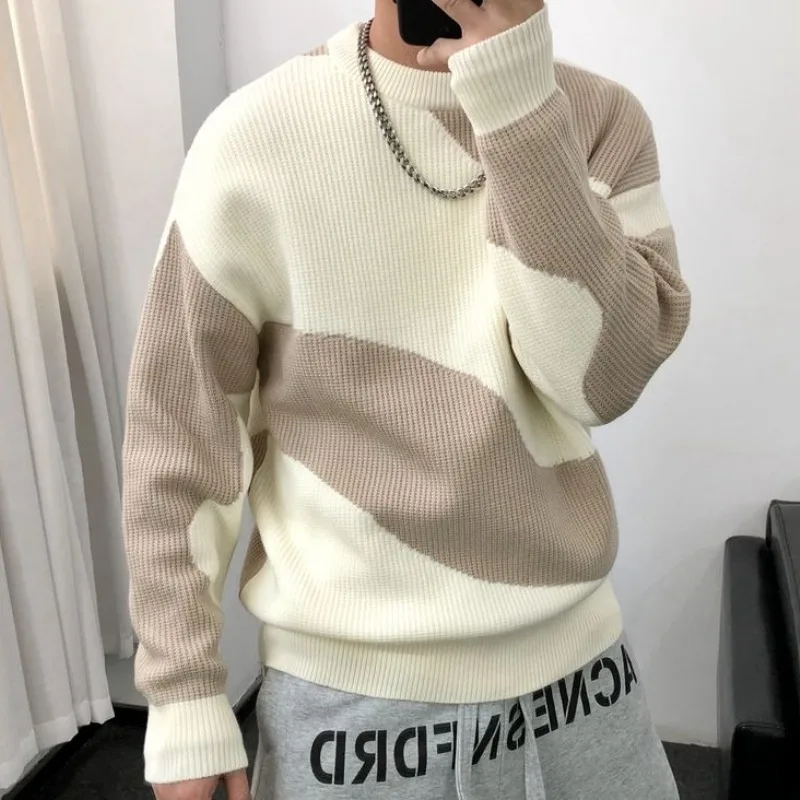 سترة رجالية متماسكة بياقة دائرية ملابس تريكو ضيقة قابلة للتمدد بالإضافة إلى حجم كبير بلوزة هاراجوكو منسوجة للخريف والشتاء بلوفرات رخيصة للرجال #1