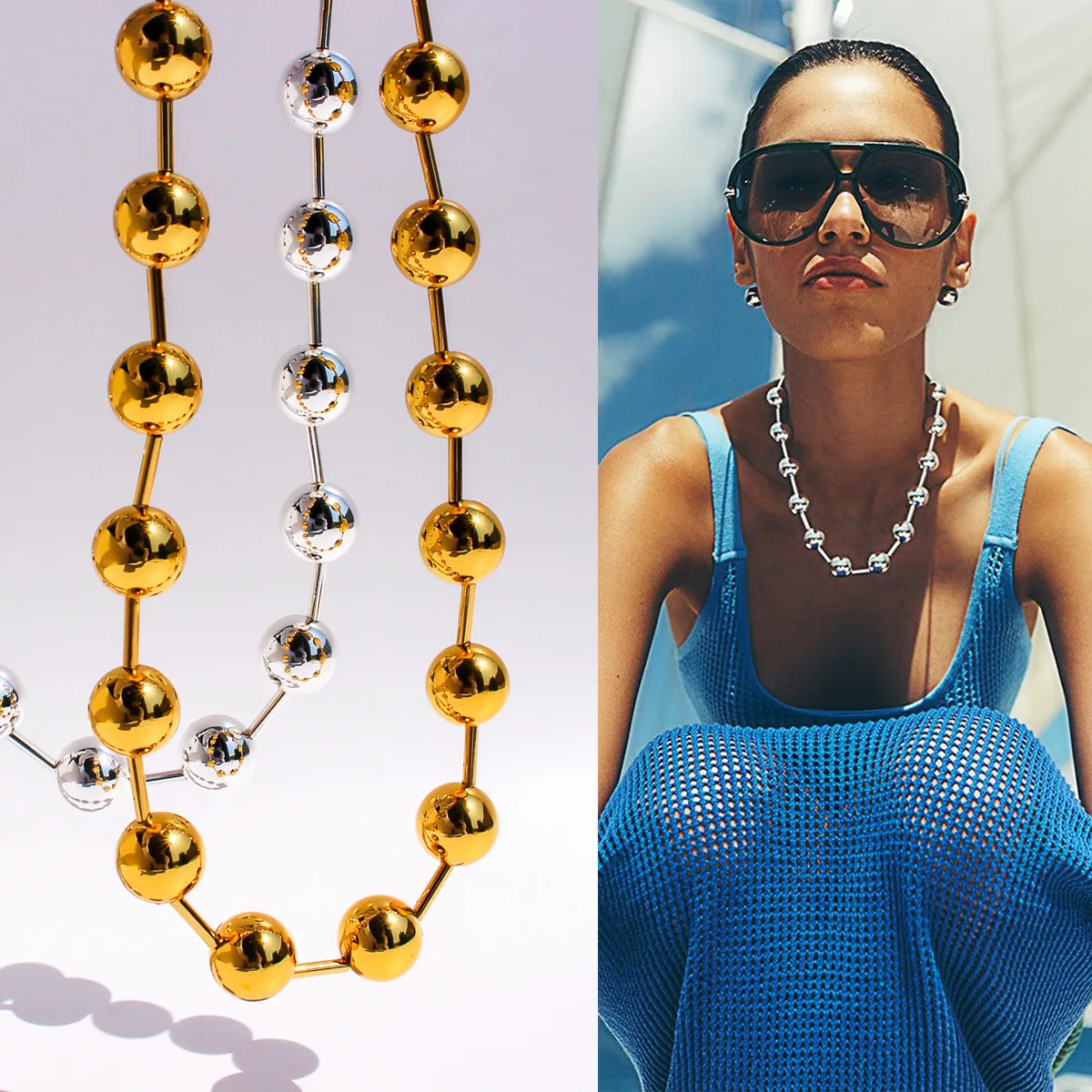 

Best-selling Personalized Hollow Ball Beaded Necklace Metal Balls for Layered Wear Hip-hop Style Collarbone Chain M141