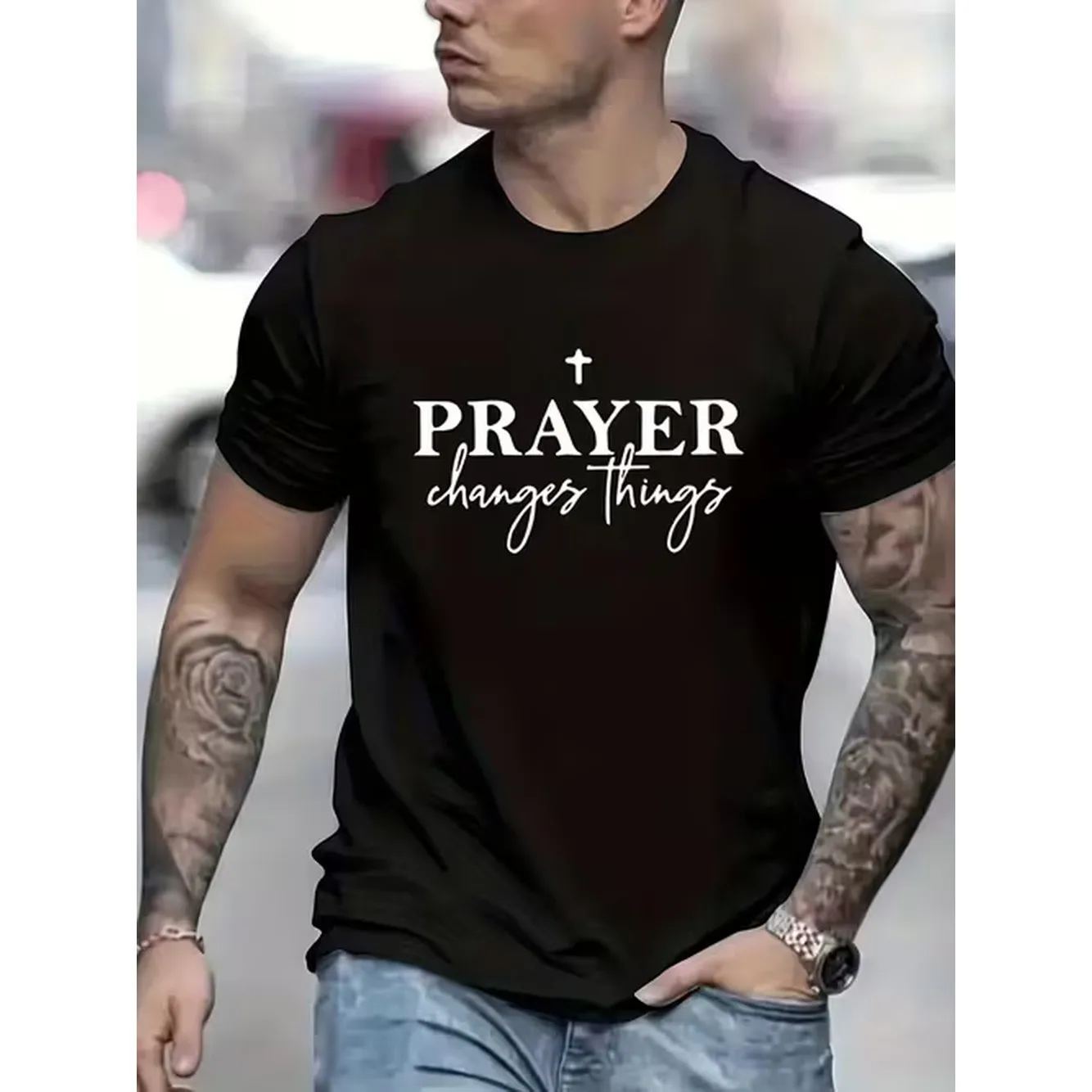 item picture round neck short sleeve t with prayer things text and cross pattern print the text and religious elements a sense of faith and positivity