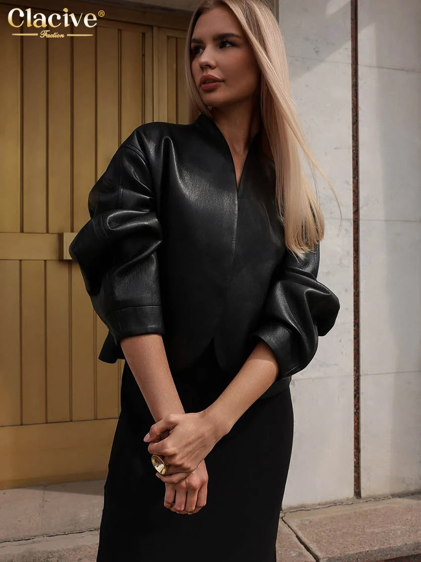 Elegant Black PU Leather Women's Winter Coat - V-Neck Design