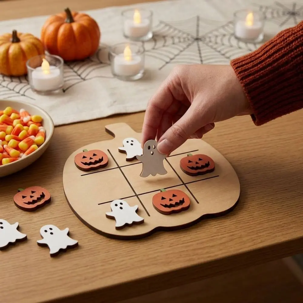 2D Flat Wooden XO Chess Game Vintage Interactive Halloween Board Game Funny Thinking Stimulating Halloween Party Game